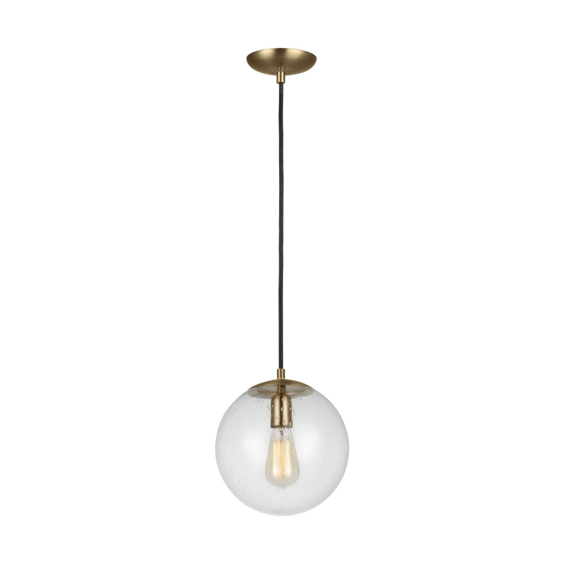 Leo Hanging Globe 10" LED Medium Pendant, Satin Brass Finish with Clear Seeded Glass - Bees Lighting