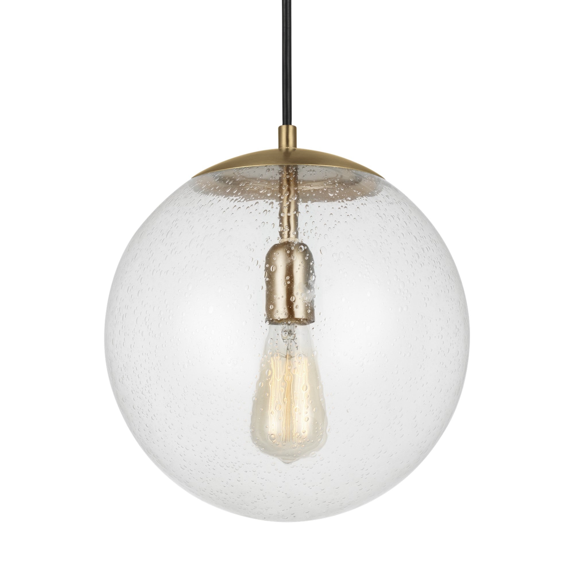 Leo Hanging Globe 12" LED Large Pendant, Satin Brass Finish with Clear Seeded Glass - Bees Lighting