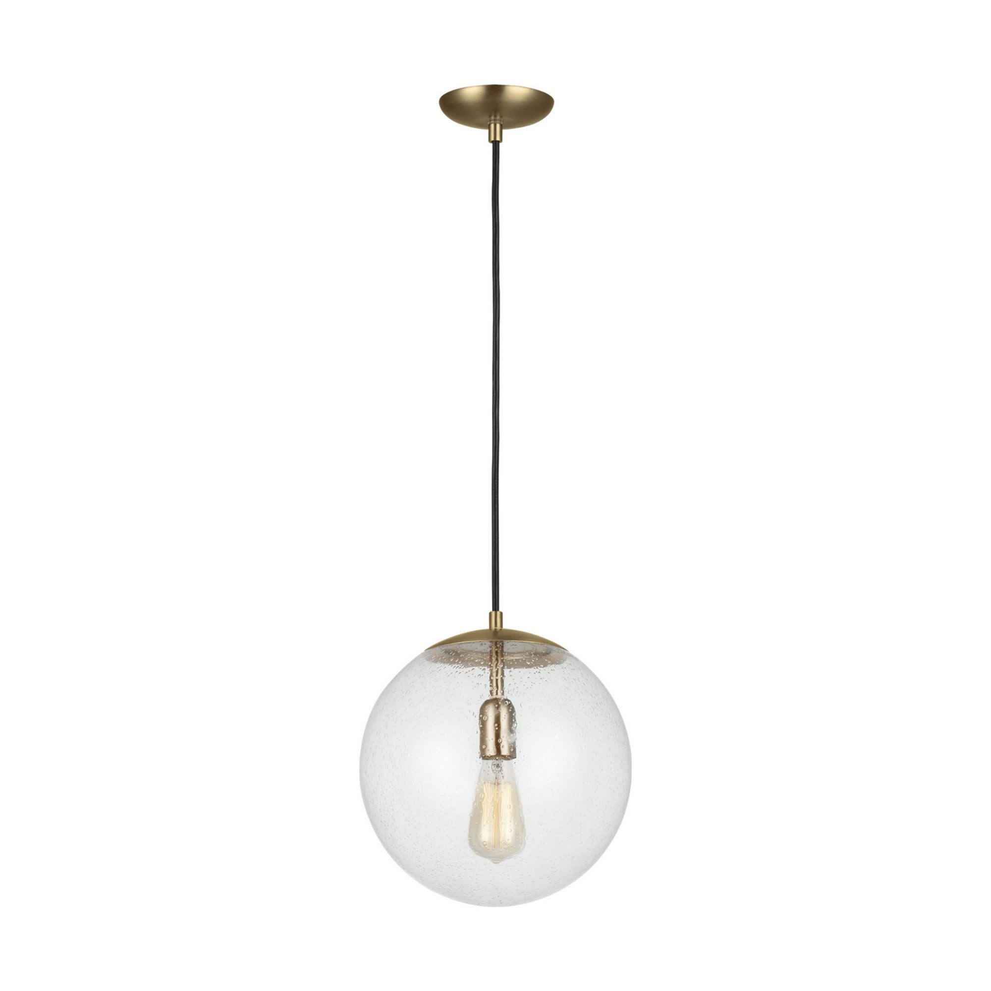 Leo Hanging Globe 12" LED Large Pendant, Satin Brass Finish with Clear Seeded Glass - Bees Lighting