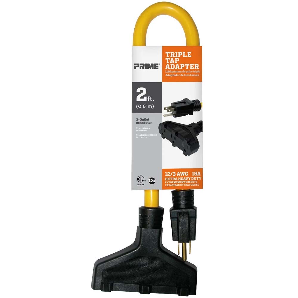 2 Feet Cord Power Adapter 12/3 Wire Gauge 15A 1875 Watts Yellow - Bees Lighting