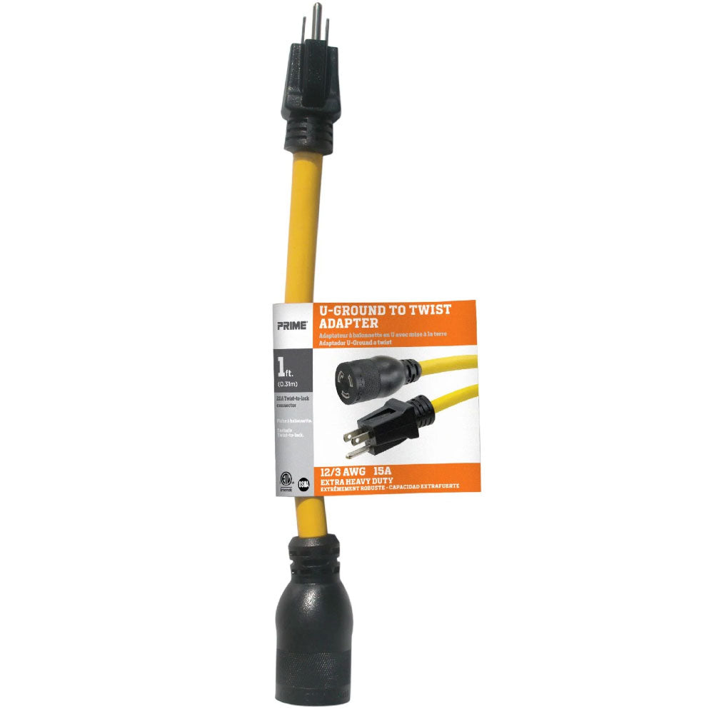 1 Foot 12/3 STW U-Ground to Twist-to-Lock Outdoor Power Adapter Yellow