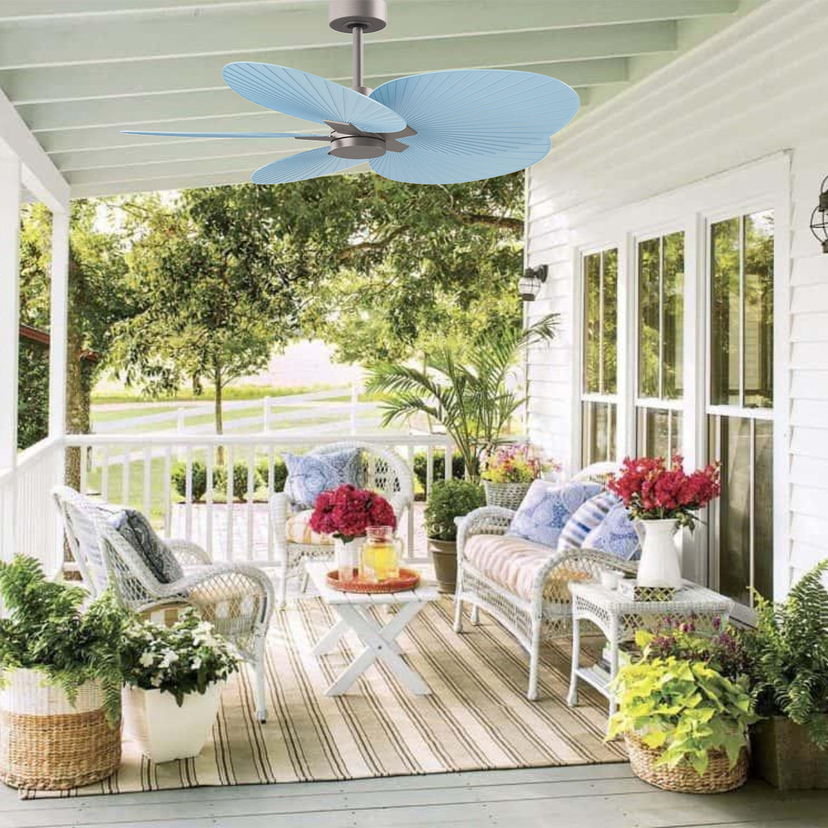 Alessandra Tropical 48" Ceiling Fan, Brushed Nickel with Light Blue Blades - Bees Lighting