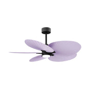 Matte black ceiling fan with lilac tropical blades and central light fixture