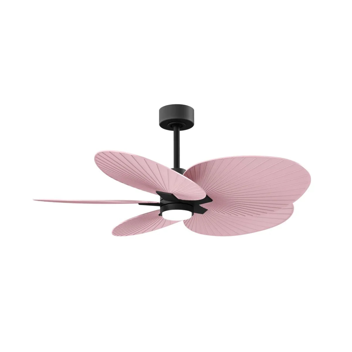 Matte black ceiling fan with light pink blades and integrated LED light