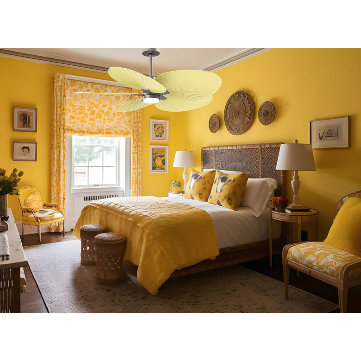 Alessandra Tropical 48" LED Ceiling Fan, Brushed Nickel with Light Yellow Blades