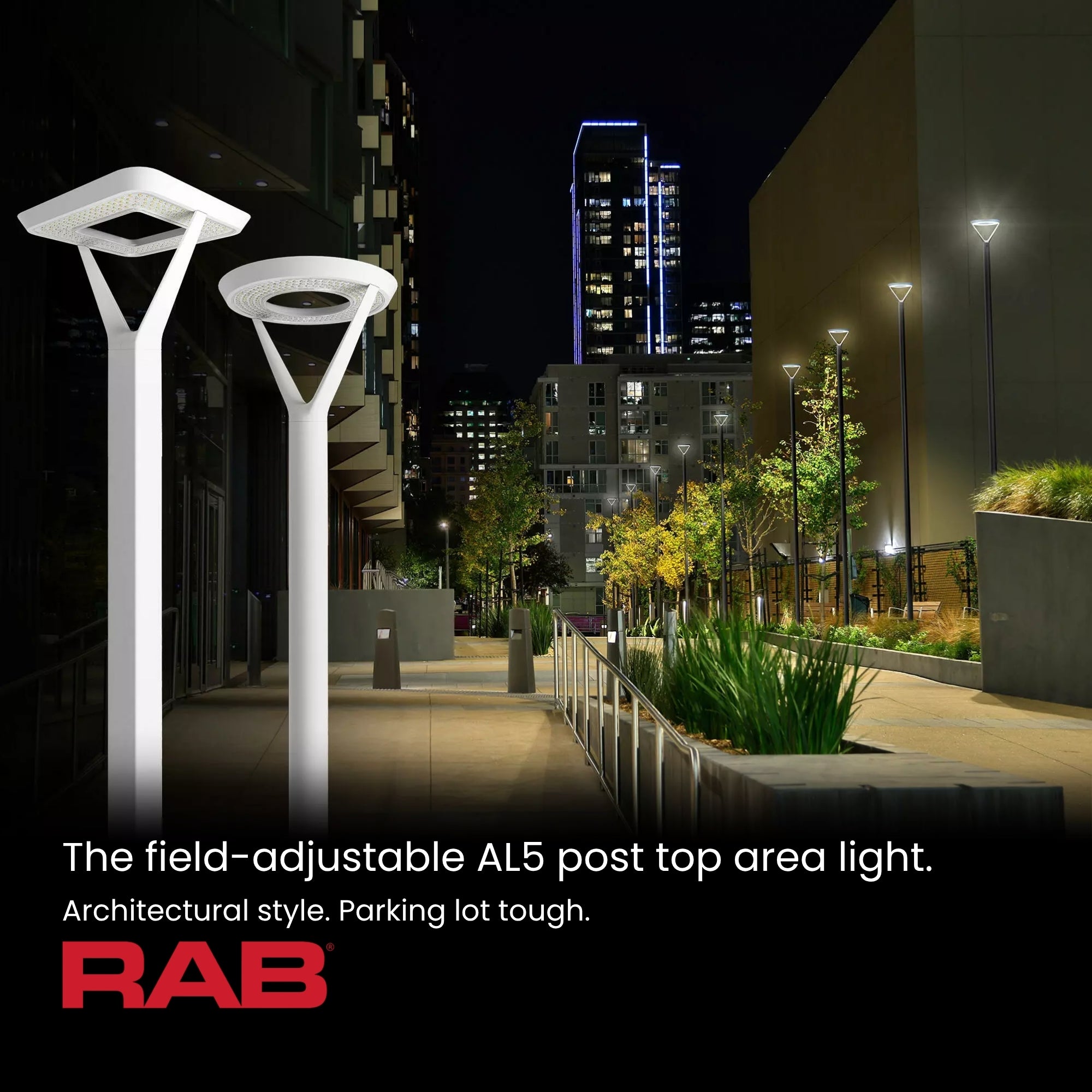 RAB AL5RG Post Top Area Light 17208 Lumens Selectable 120W-30W Selectable CCT 120-277V Type V Wide Roadway Gray
