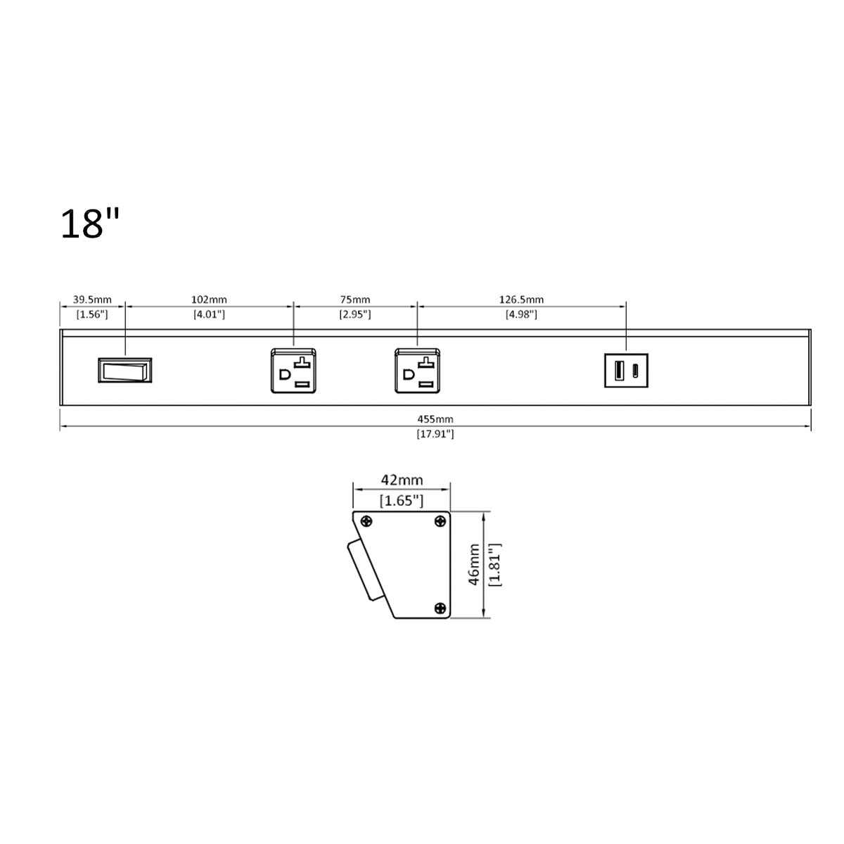 Atom 18" Under Cabinet Power Strip with 2 Receptacles and USB Ports, White - Bees Lighting