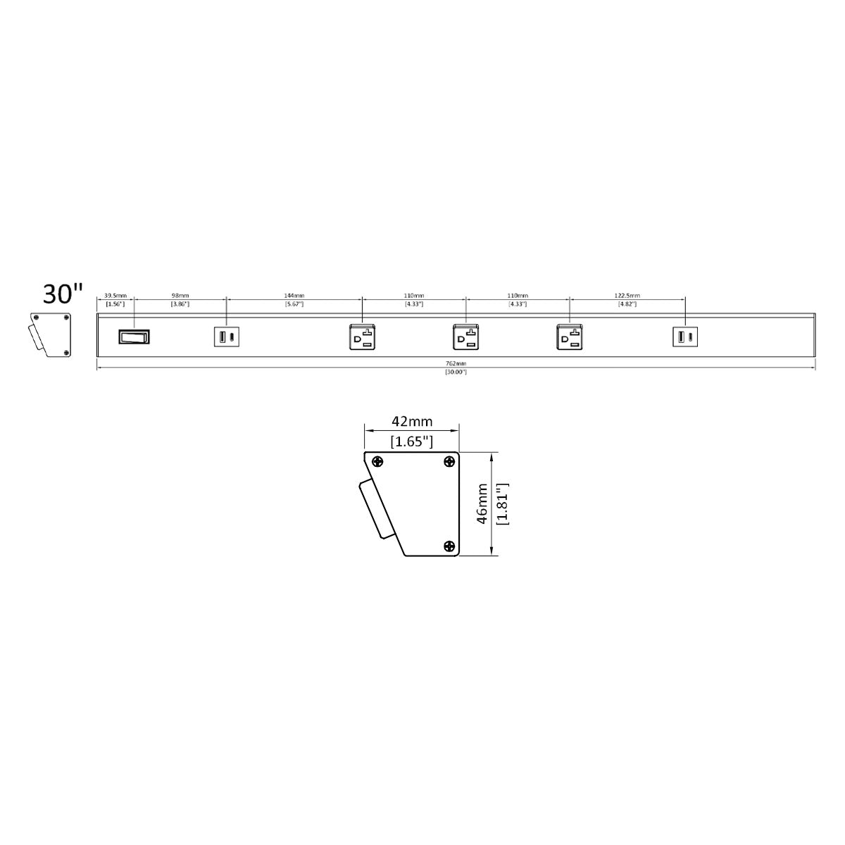 Atom 30" Under Cabinet Power Strip with 3 Receptacles and USB Ports, White - Bees Lighting