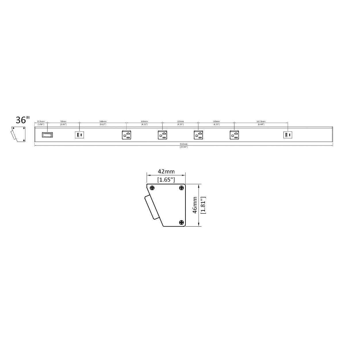 Atom 36" Under Cabinet Power Strip with 4 Receptacles and USB Ports, White - Bees Lighting