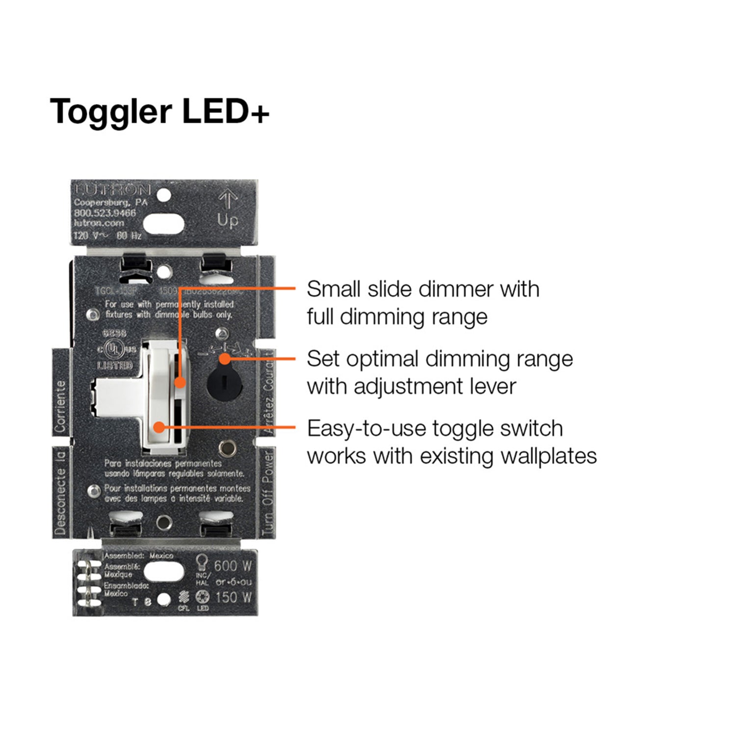 Ariadni Toggler LED+ Dimmer Switch, 150-Watt, Single Pole or 3-Way, Black - Bees Lighting