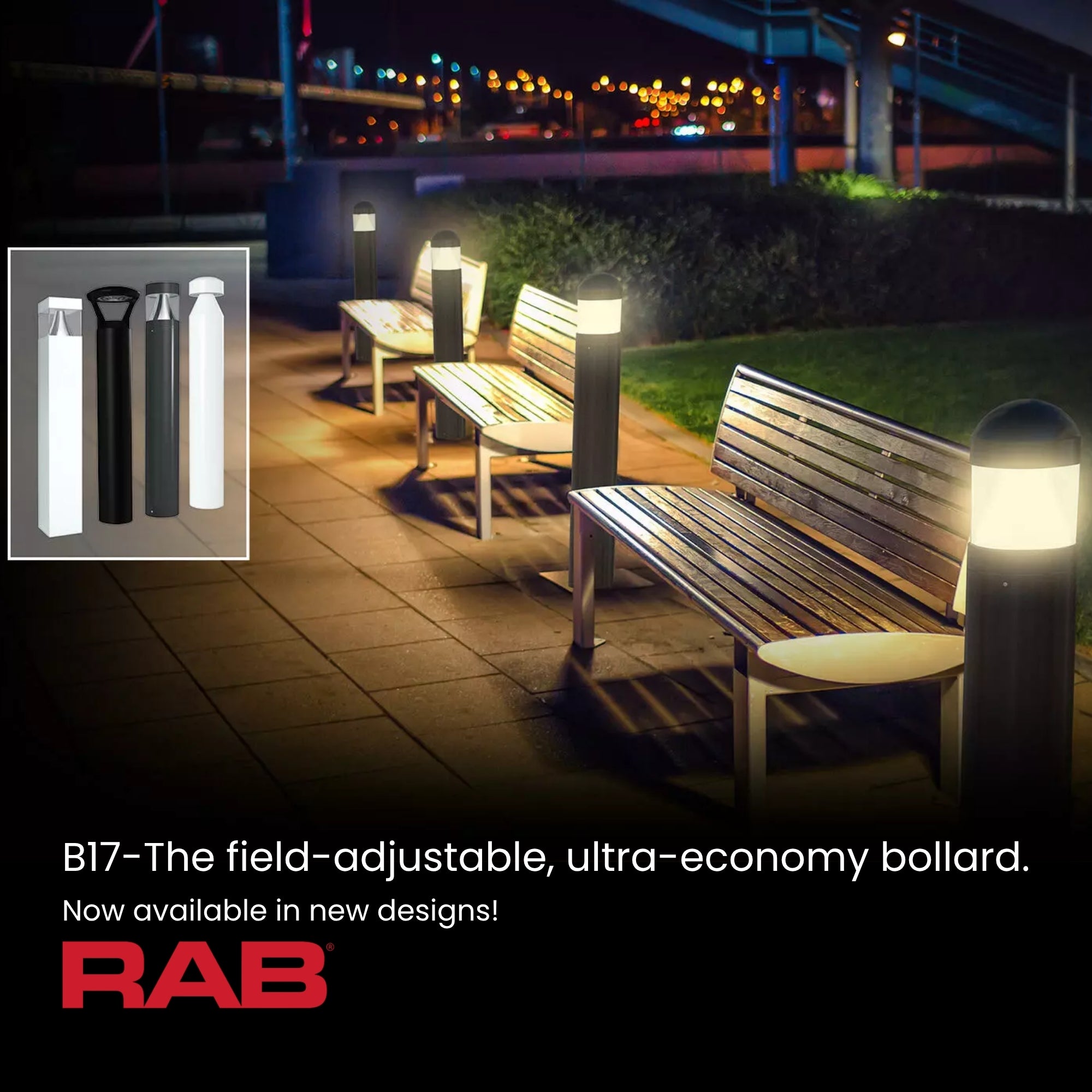 RAB B17HW 42-Inch Y-Hat Round Bollard 3591 Lumens Selectable 24W-14W Selectable CCT 120-277V Base Mount White