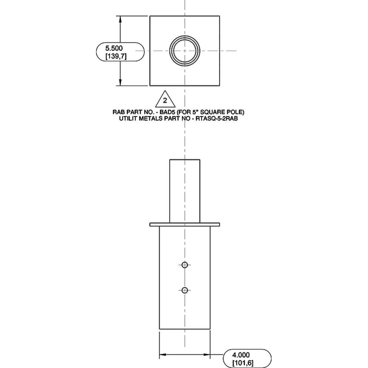 Poles Pole Adaptor For 2 3/8 Tenon To 5 Inches Square Pole With Hardware, Bronze Finish - Bees Lighting