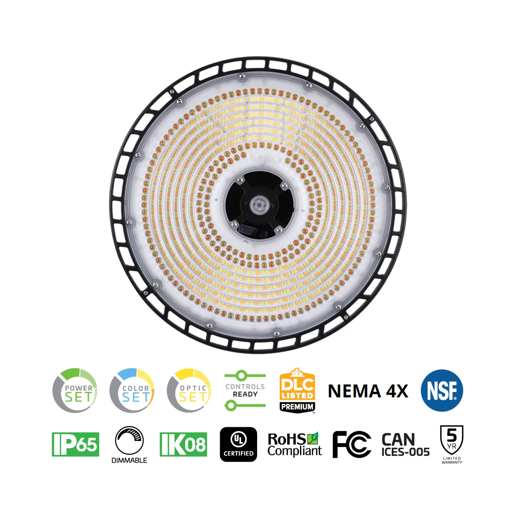 EIKO BAYE4 Round High Bay 45,000 Lumens 200/240/300W Selectable 35K/40K/50K 120-3477V Black