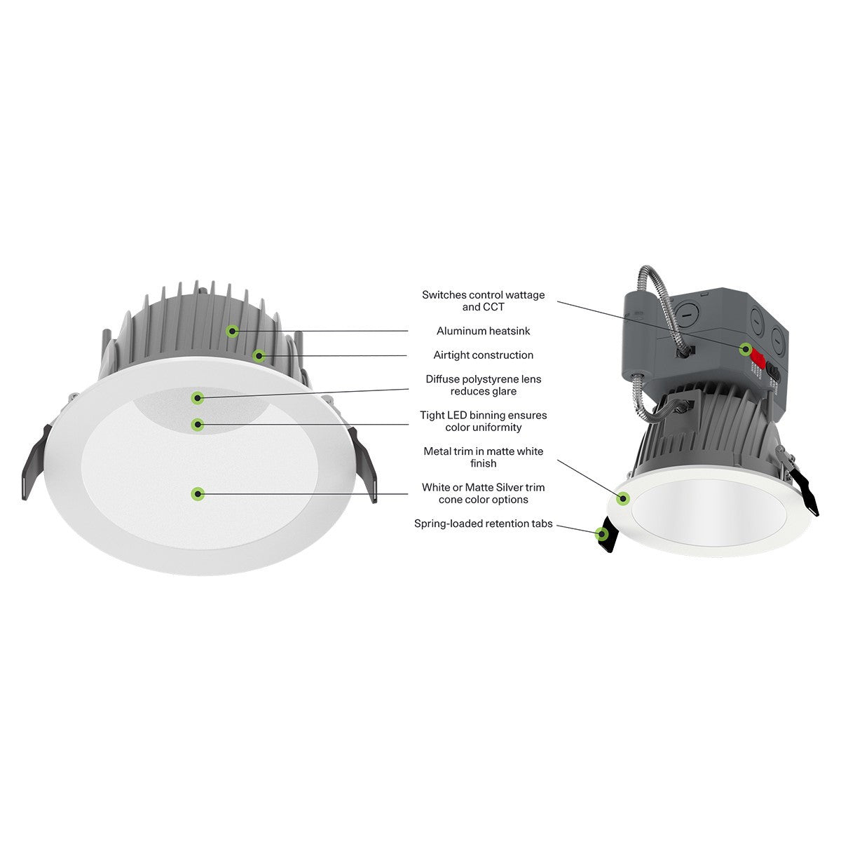 6" Deep Regress Commercial Downlight, 2000 Lm, 4-CCT, White Finish - Bees Lighting