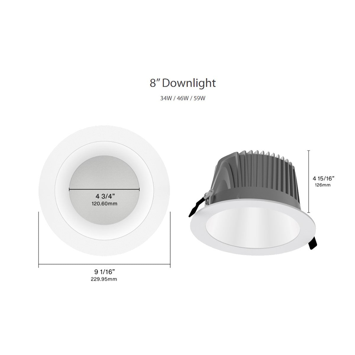 8 Inch LED Deep Regress Commercial Downlight, Field Adjustable 34/46/59W, 2400/3200/4000 Lumens, 30/35/40/50K, Smooth Trim, Matte Silver Finish