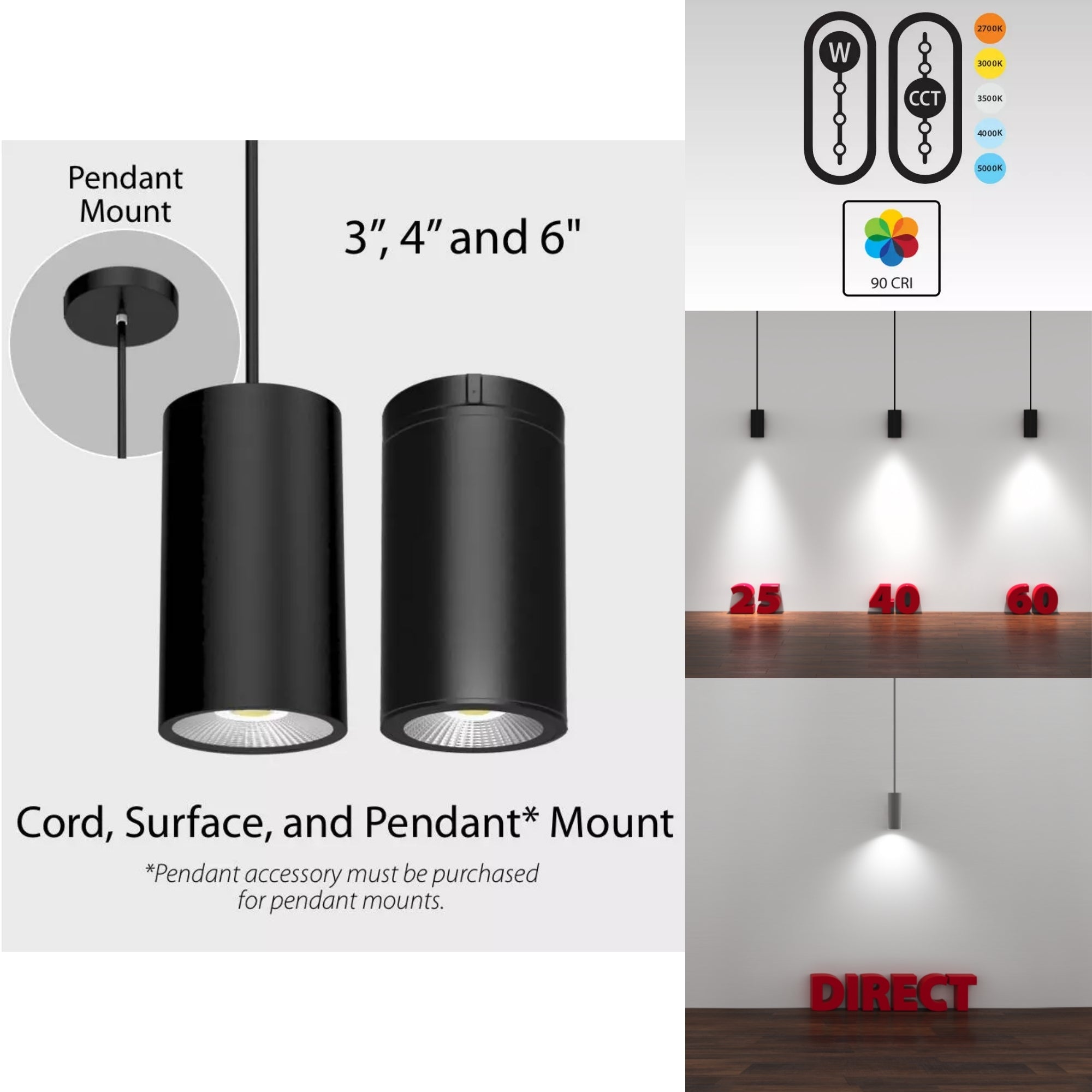 6" Black LED Cylinder Surface Light, 30W, 2700lm, Selectable CCT, 120-277V