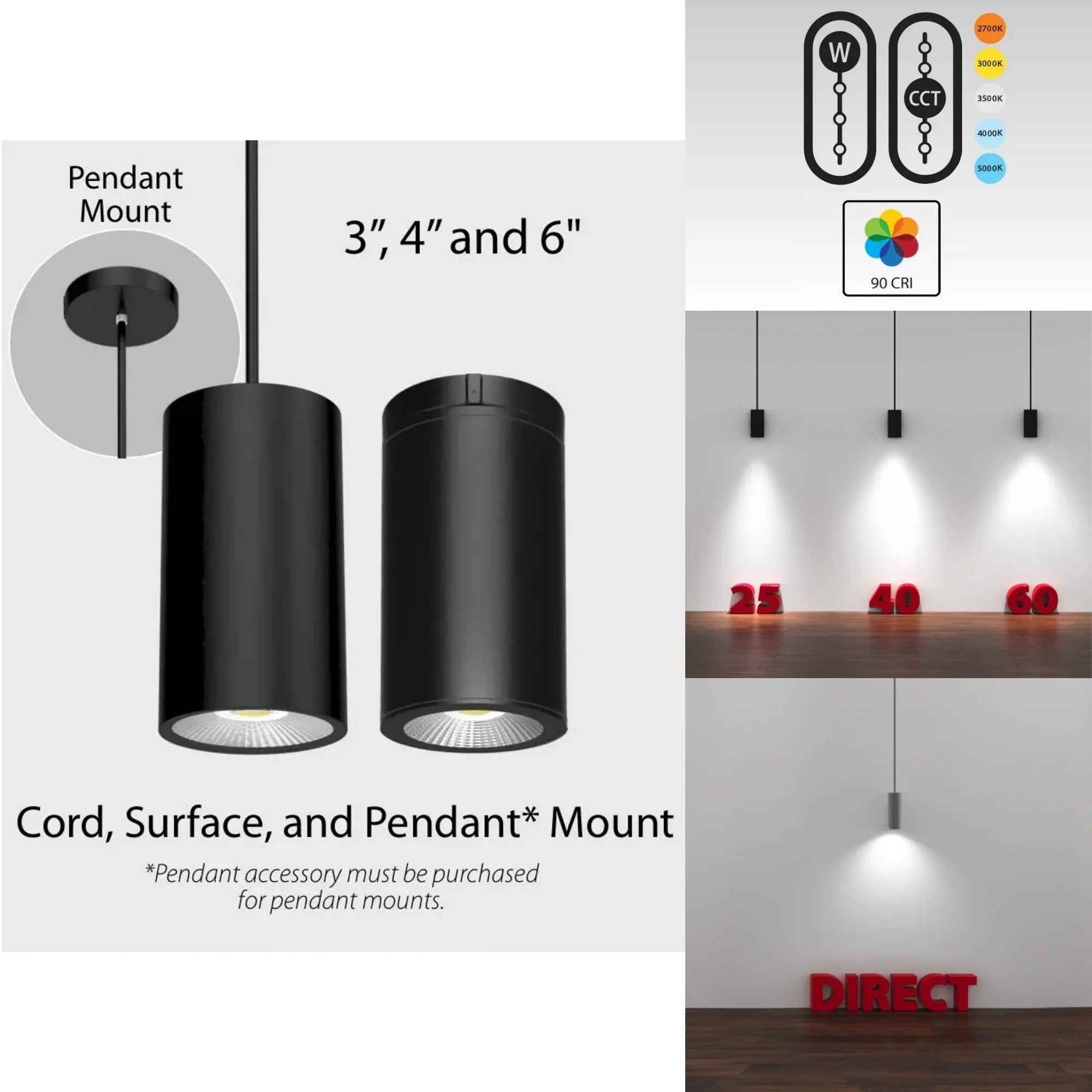 6" Bronze LED Cylinder Surface/Pendant Light, 30W, 2700lm, Selectable CCT, 120-277V