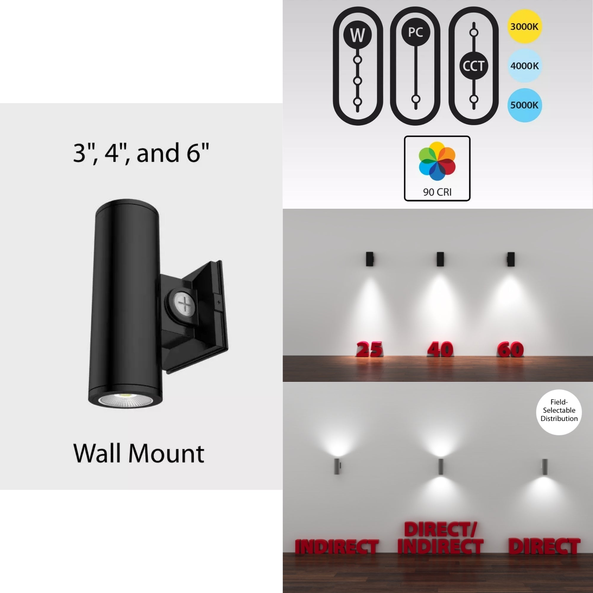 6" White LED Cylinder Wall Light, 36W, 3300lm, Up/Down, Selectable CCT, 120-277V