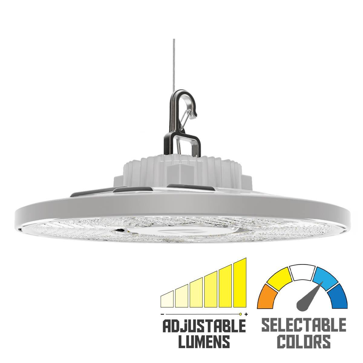 Compact Pro Industrial LED Round High Bay, Selectable 27000 Lumens, 4000K/5000K CCT, 120-347V, White - Bees Lighting