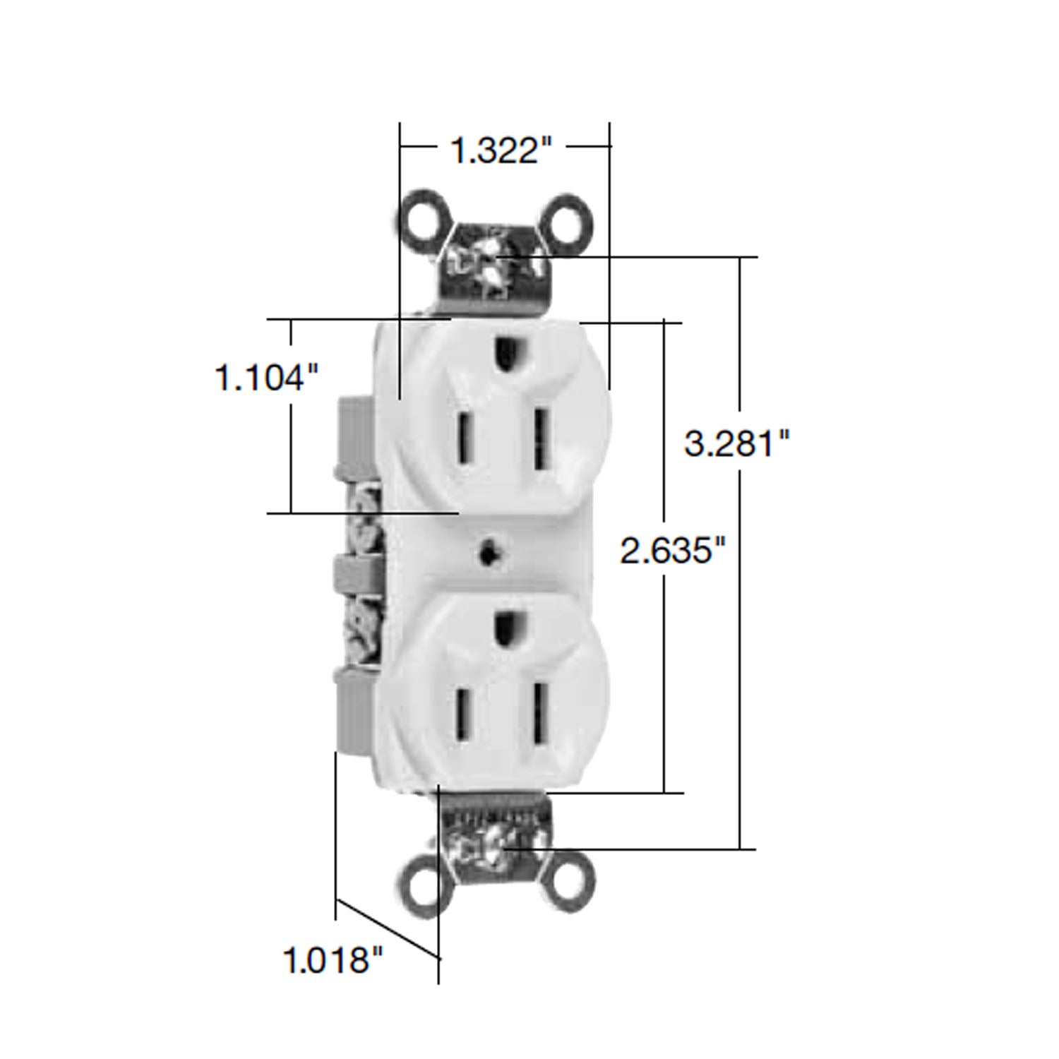 Commercial Spec Grade 20A Duplex Receptacle, 125V, Side Wire, White - Bees Lighting