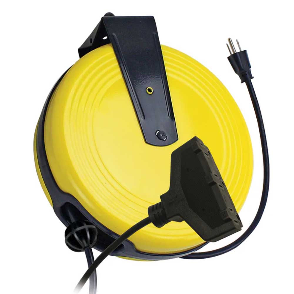 25-Feet 3-Outlet Retractable Metal Cord Reel - Bees Lighting