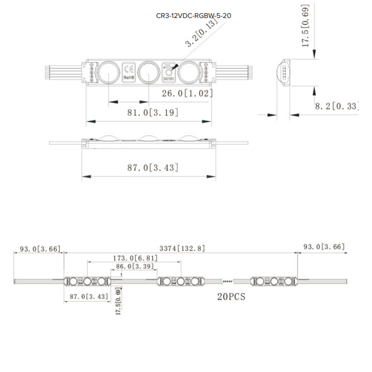 RGBW LED Channel Ray, 3 LEDs, 20 Modules, 12VDC - Bees Lighting