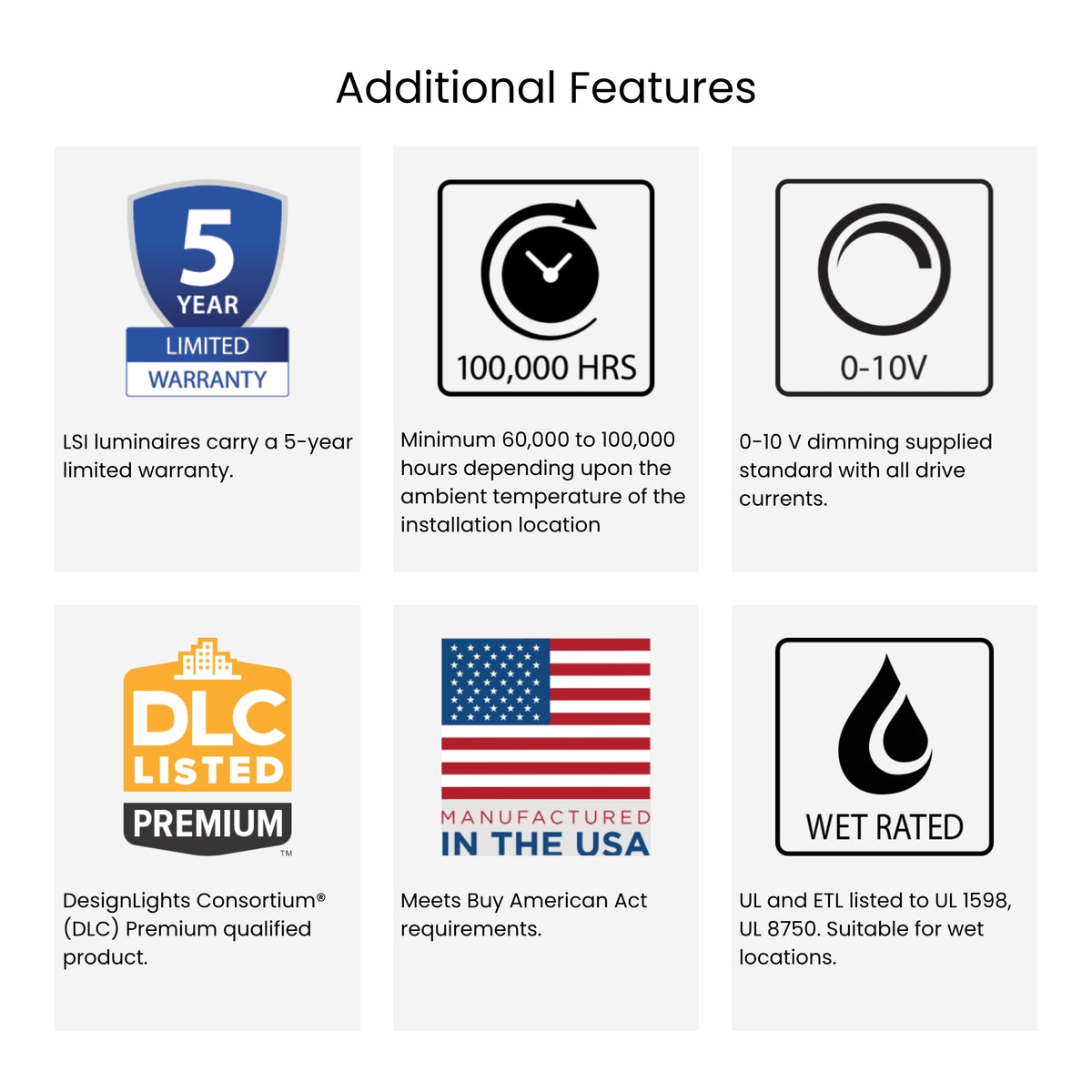 LSI CRUSX LED canopy light features icons: limited warranty, 0-10V dimming, wet rated