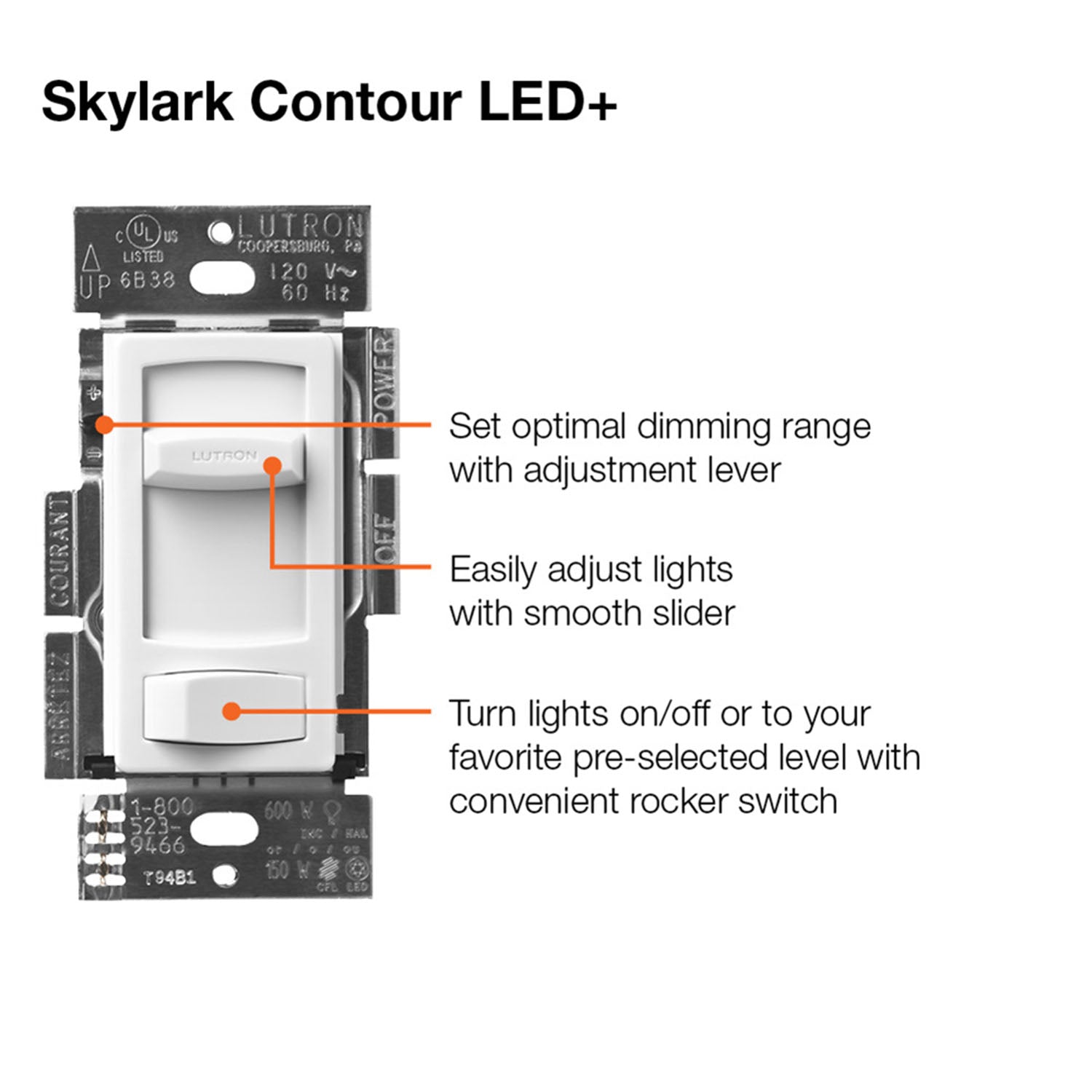 Skylark Contour LED+ Dimmer Switch, 150W LED/CFL, Single Pole or 3-Way, Black - Bees Lighting