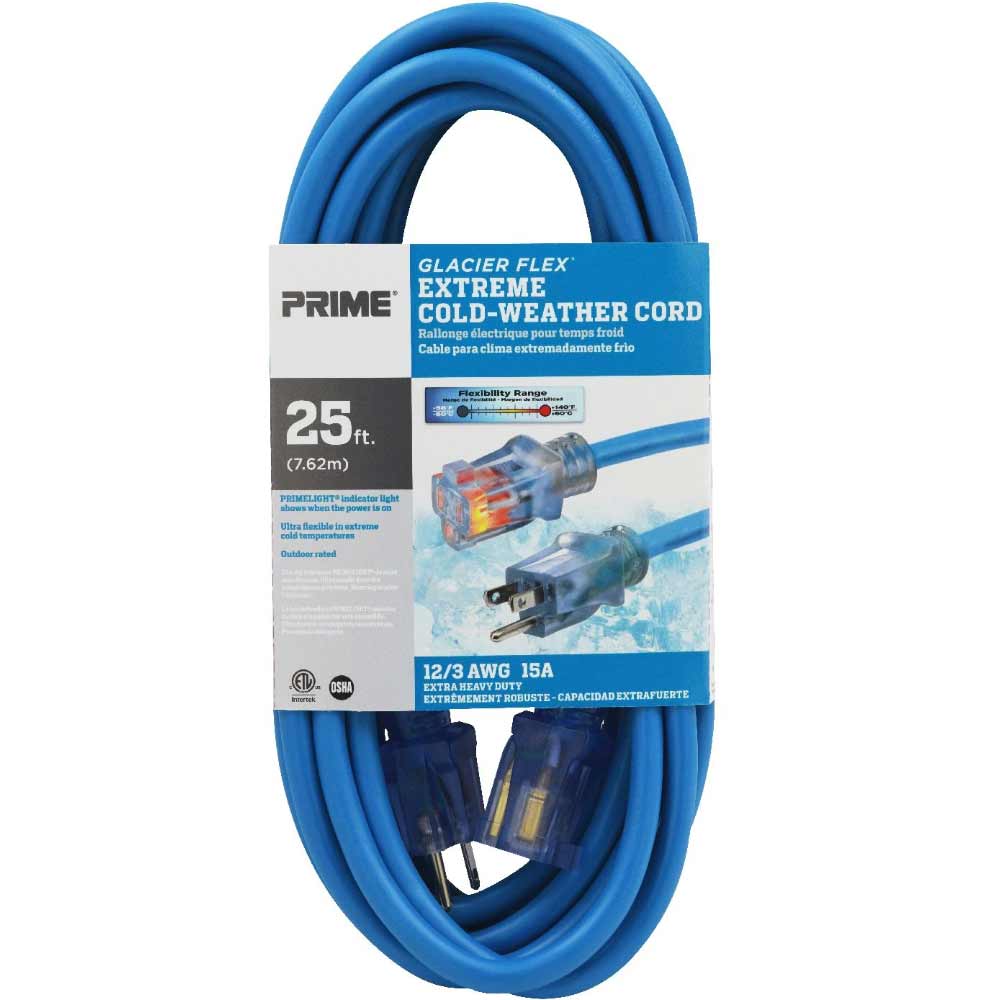 25 ft. 12/3 SJTW Glacier Flex Extreme Cold WeatherÂ Extension CordÂ w/Power Indicator Light Blue - Bees Lighting