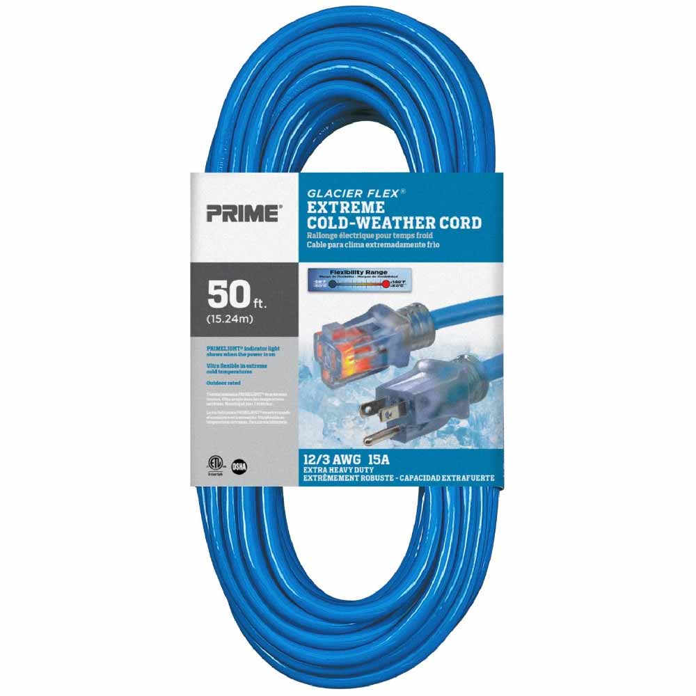 50 ft. 12/3 SJTW Glacier Flex Extreme Cold WeatherÂ Extension CordÂ w/Power Indicator Light Blue - Bees Lighting