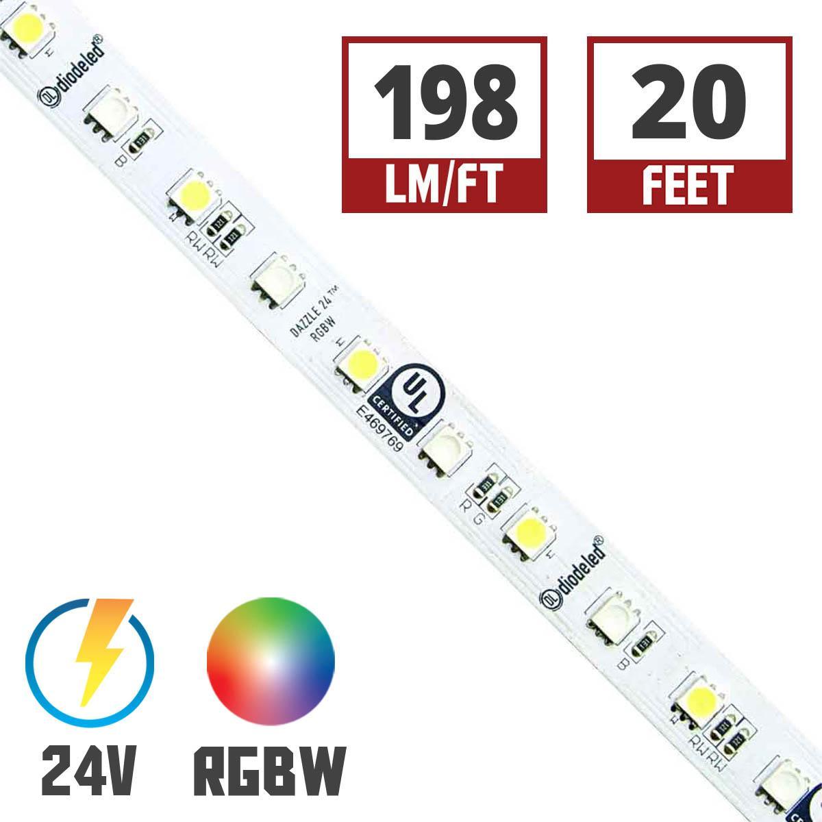 DAZZLE Color Changing LED Strip Light, 20ft Reel, RGB + 3000K, 198 Lumens per Ft, 24V - Bees Lighting