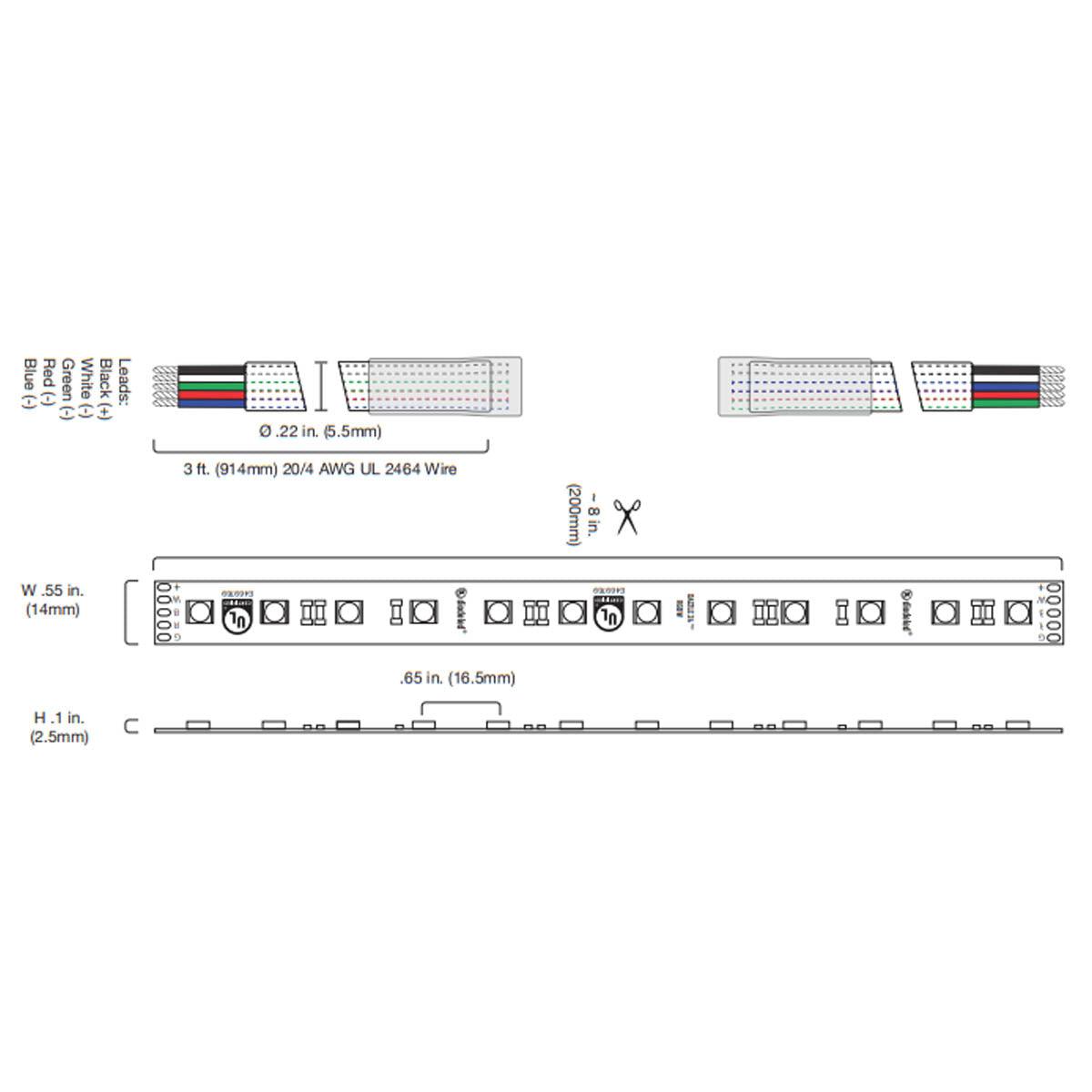 DAZZLE Color Changing LED Strip Light, 20ft Reel, RGB + 3000K, 198 Lumens per Ft, 24V