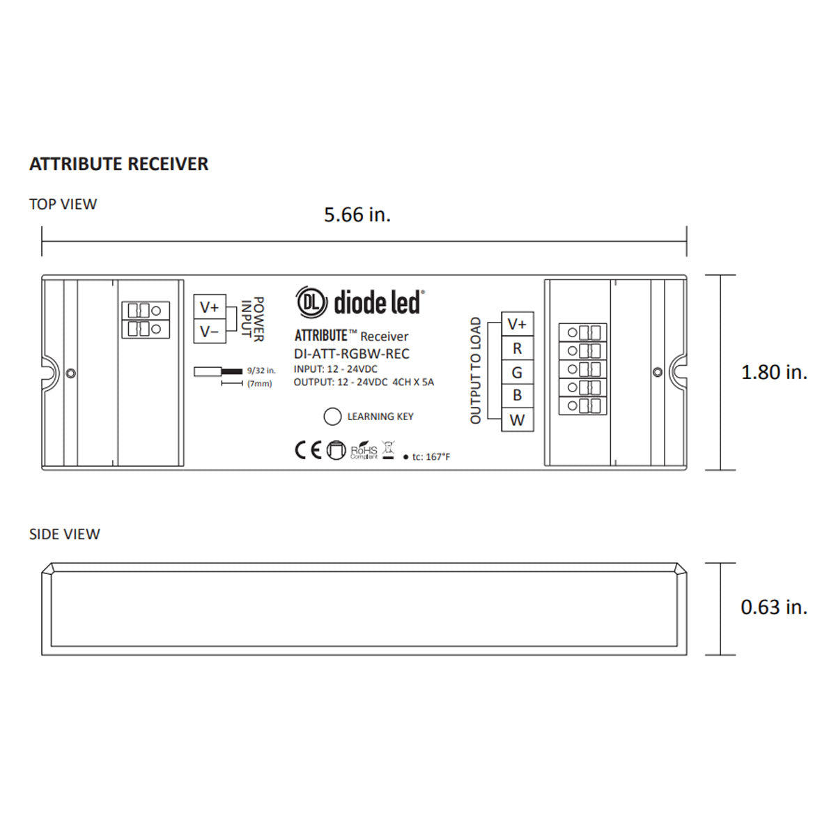 ATTRIBUTE RGB(W) Color Controller, RF Receiver, 4 Channels, 5A, 12-24VDC With Remote Controller - Bees Lighting