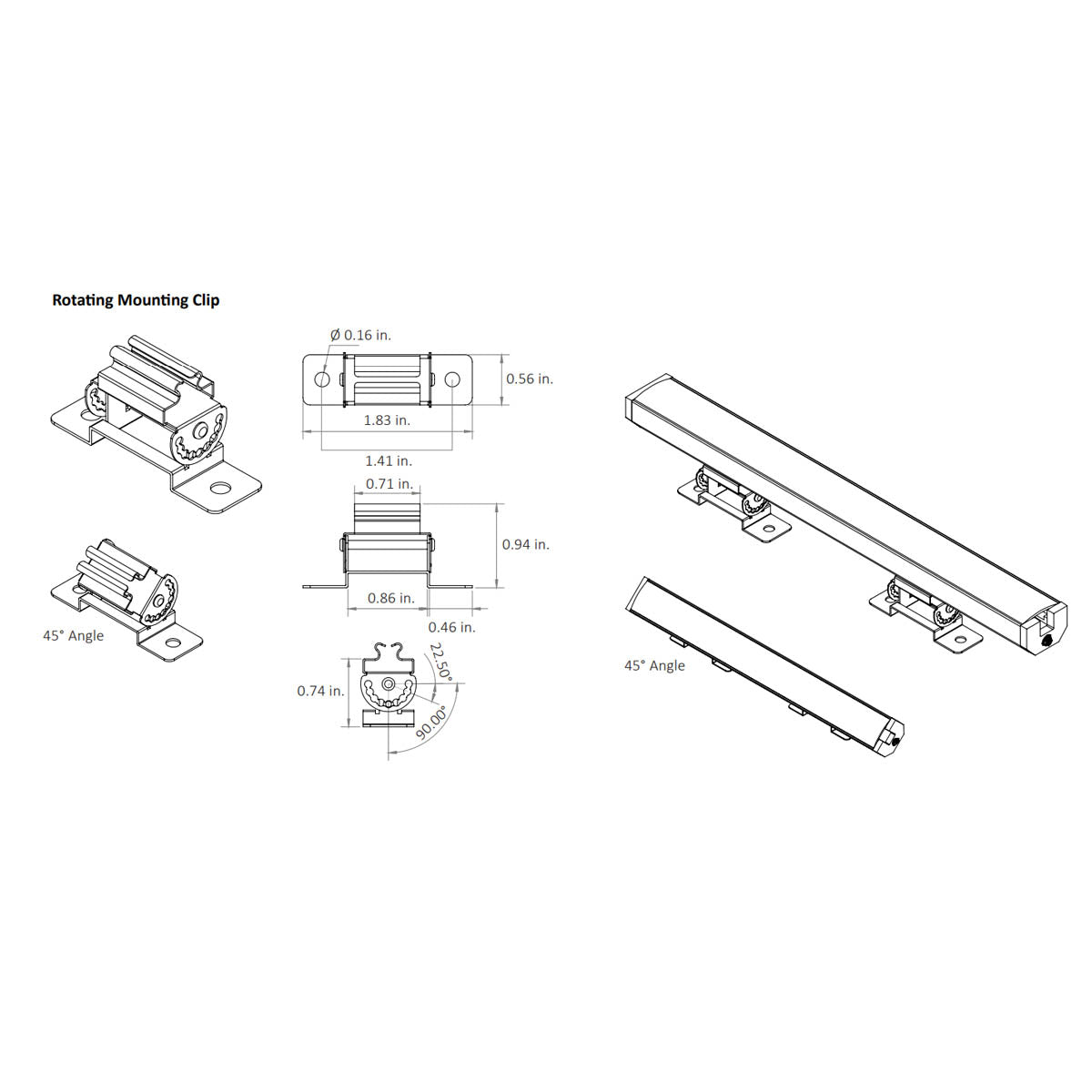Aluminum Rotating Mounting Clips for Square, 45°, and DUO Channels, Pack of 2