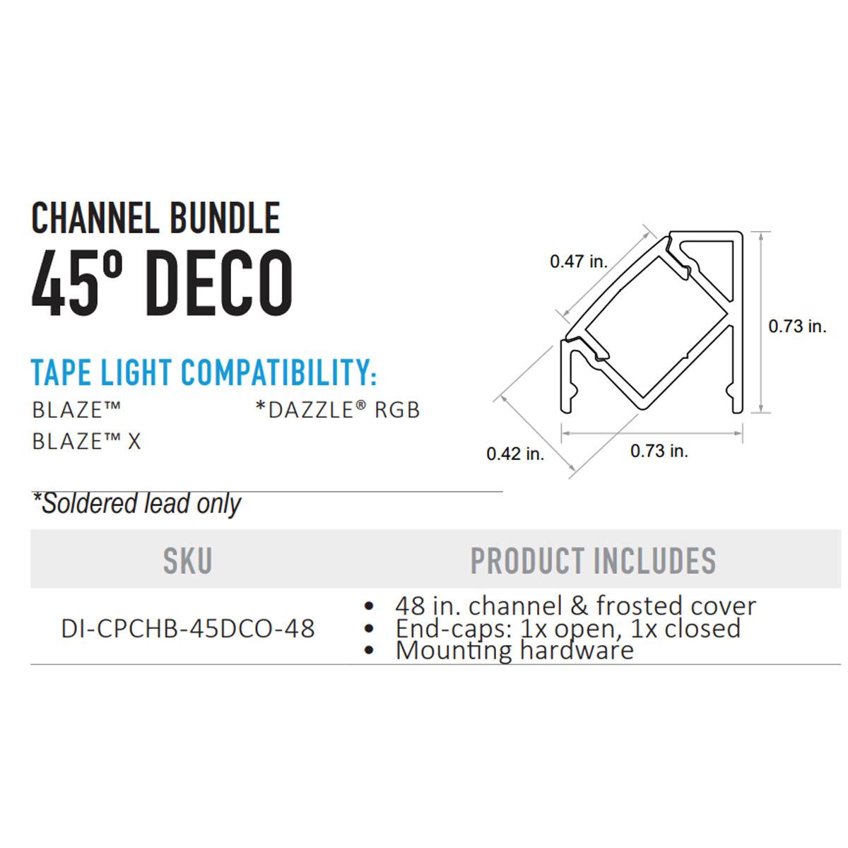 Chromapath, DECO 45 degree Aluminum Channel Bundle with frosted cover, 48", for Strips Up To 12mm - Bees Lighting