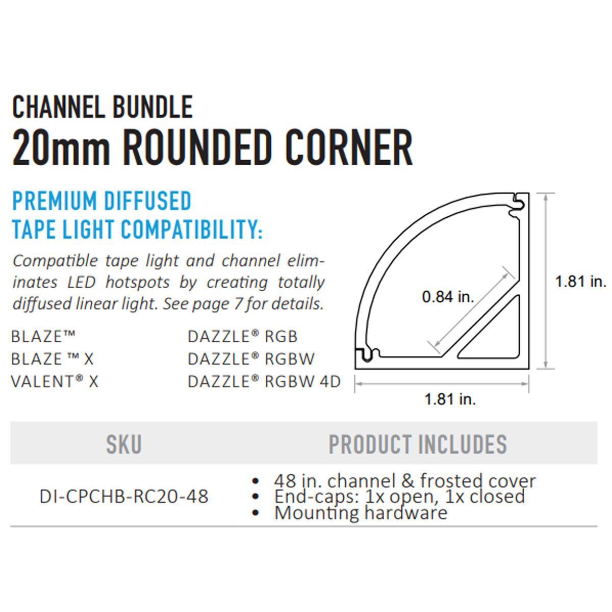 Chromapath, 20mm Rounded Corner Channel Bundle, 48", Frosted Lens, Aluminum - Bees Lighting