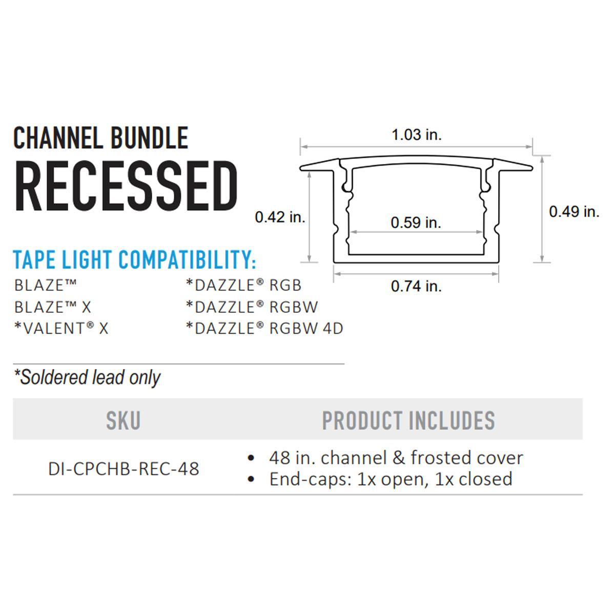 48in. Chromapath Bundle, Recessed Aluminum Channel for Tape lights Up To 12mm, Frosted cover