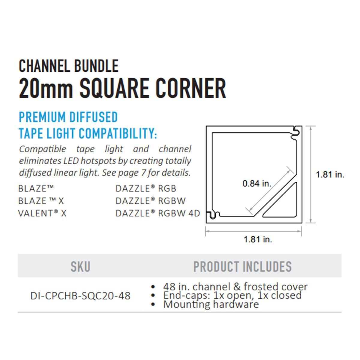 Chromapath Bundle, LED Tape Light Square Corner 20mm Aluminum Channel, 48", Frosted Cover
