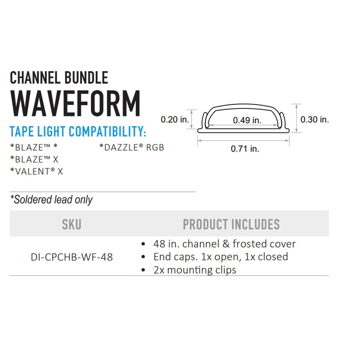 Channel Bundle, WAVEFORM Channel for Tape lights Up To 12mm, 48 in., Frosted Cover, Aluminum