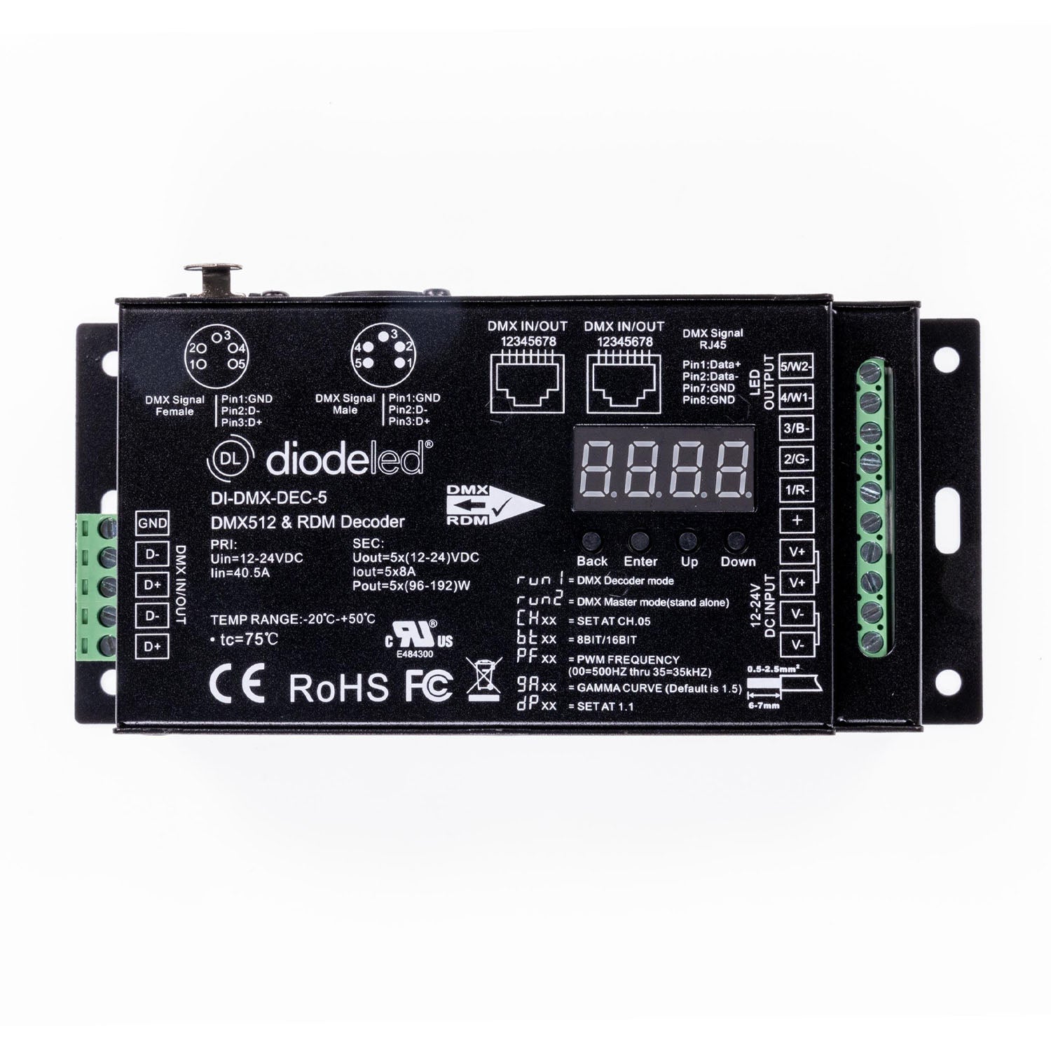 DMX512 5-Channel Decoder with RDM, 12V/24VDC, 8A x 5CH - Bees Lighting