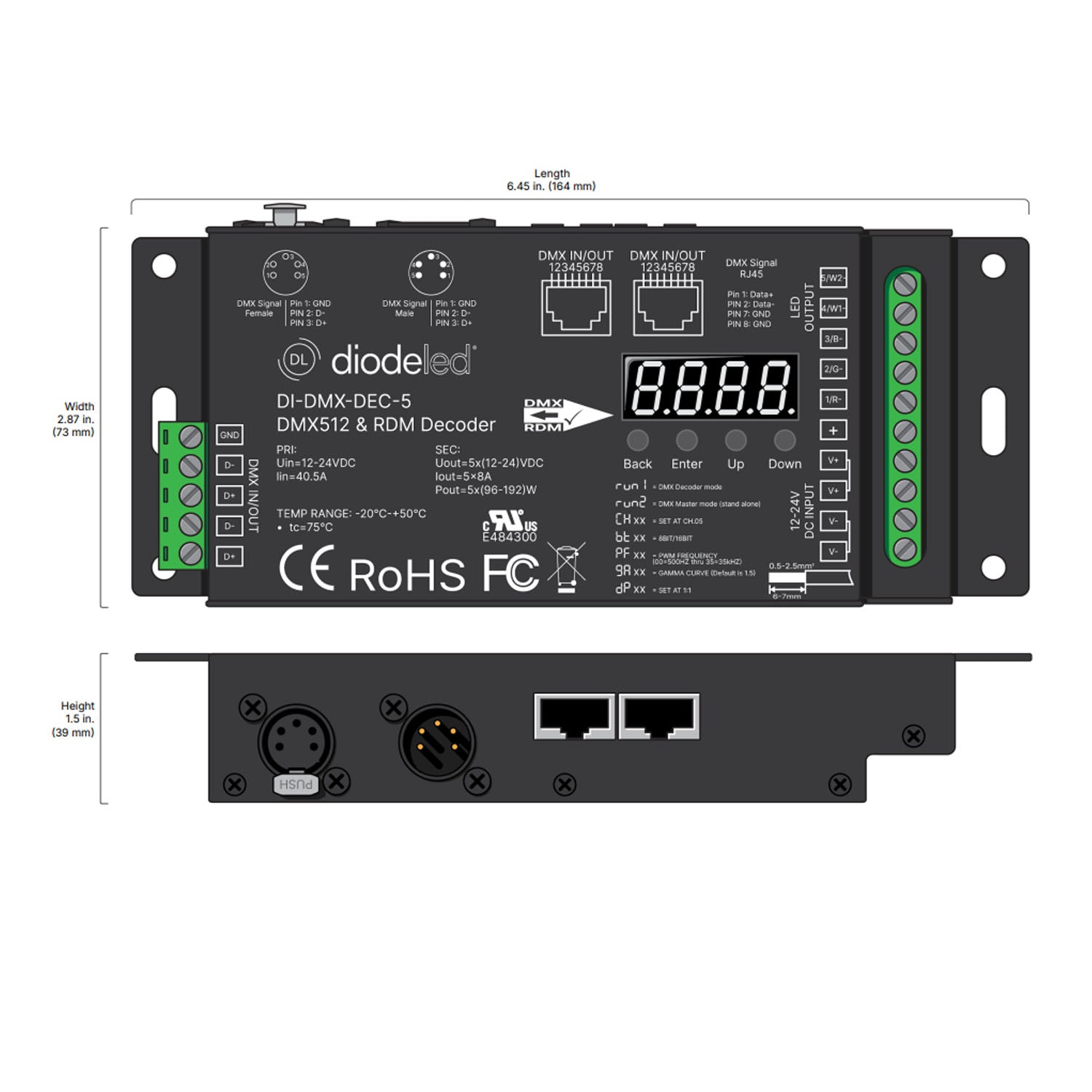 DMX512 5-Channel Decoder with RDM, 12V/24VDC, 8A x 5CH - Bees Lighting