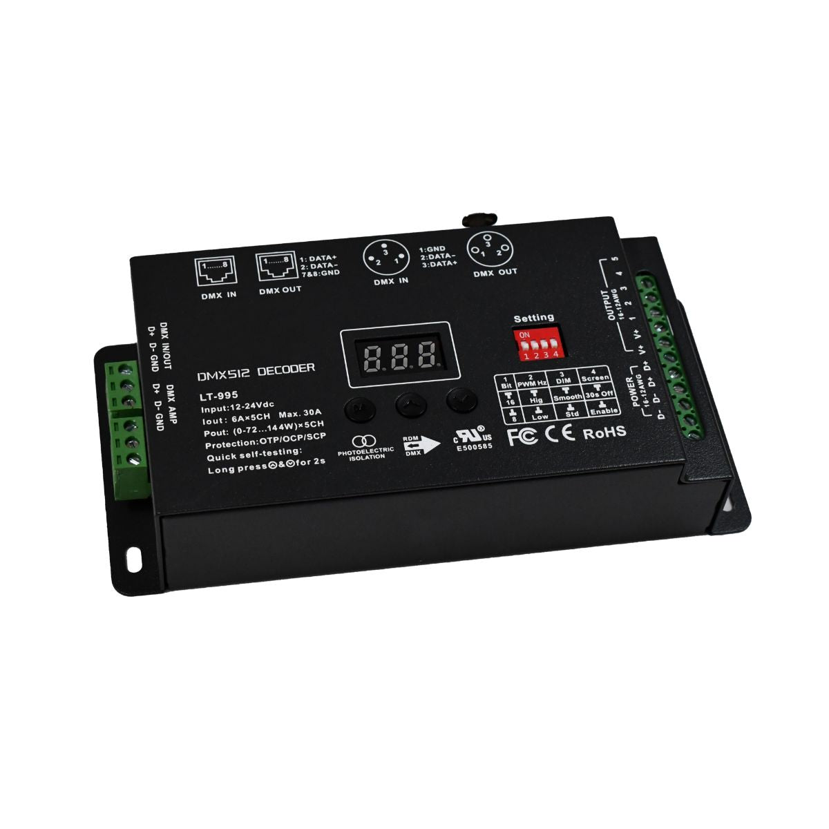 DMX Decoder 5 Channels, 12V/24VDC DMX512/RDMV, 6A x 5CH 30A - Bees Lighting