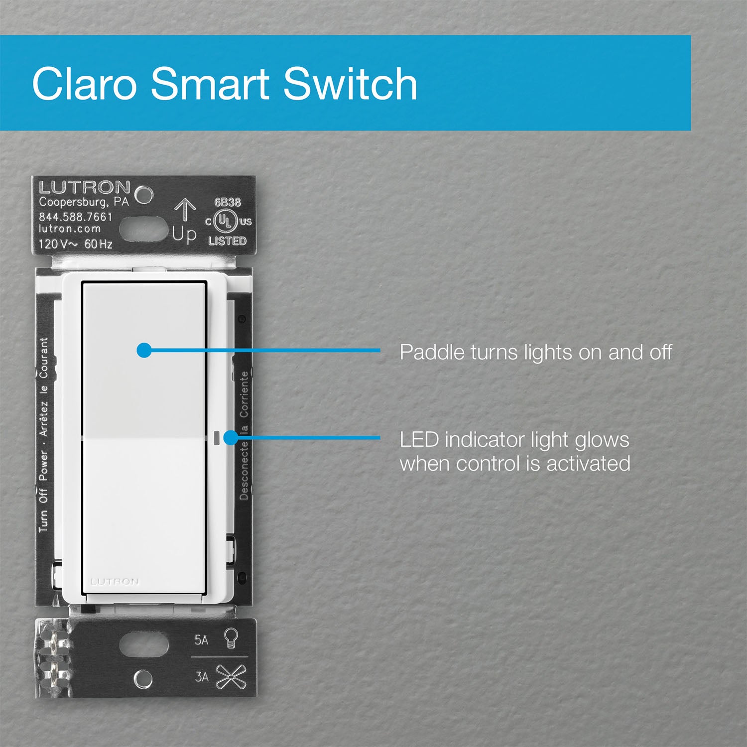 Caseta Claro Smart Switch, 5A, Neutral Required, Single Pole or Multi-Location, Black - Bees Lighting