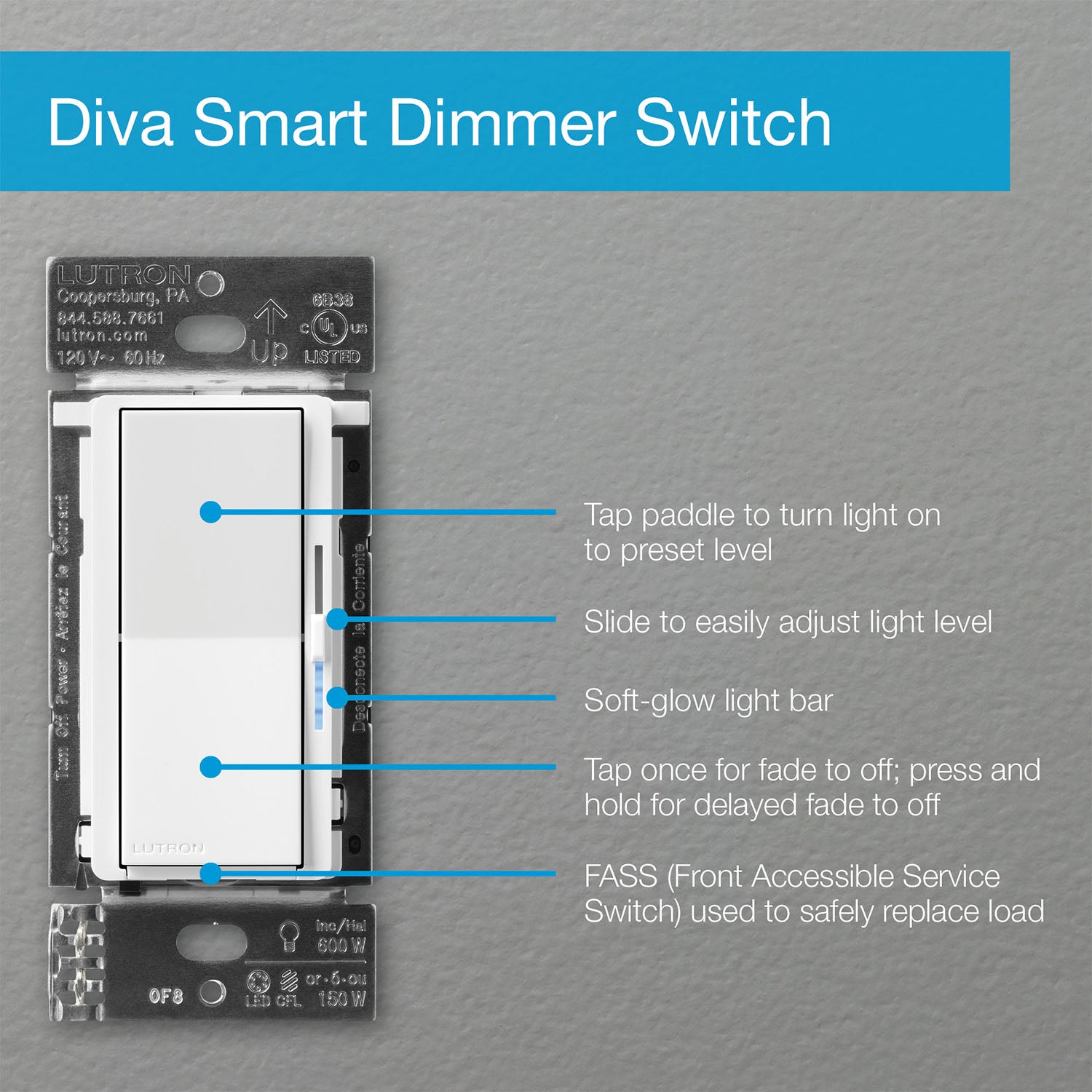 Caseta Diva Smart Dimmer Switch, 150-Watt LED, 3-Way/Multi-Location, White - Bees Lighting