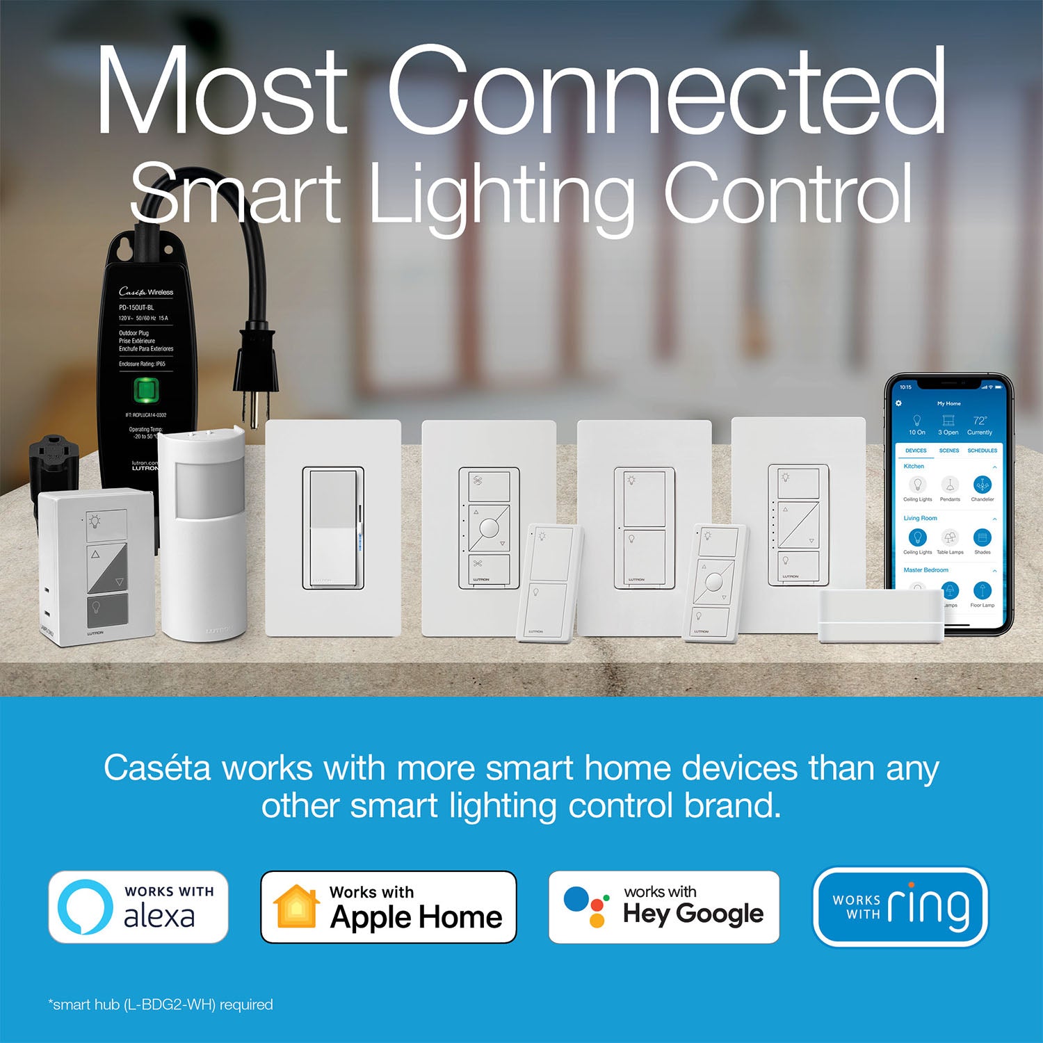 Caseta Diva Smart Dimmer Switch, 150-Watt LED, 3-Way/Multi-Location, White - Bees Lighting