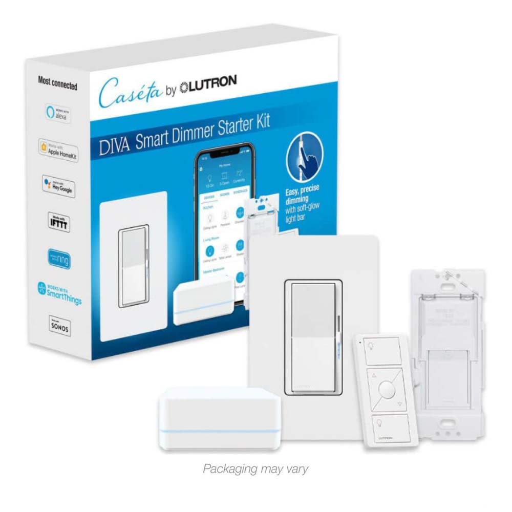 Caseta Wireless Starter Kits with Diva Smart Dimmer, The Smart Hub, and Pico Remote White - Bees Lighting