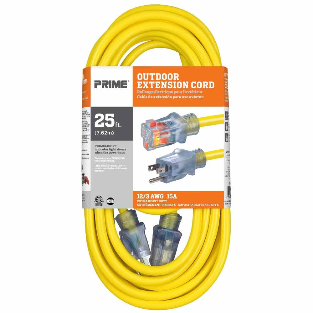 25 ft. Outdoor Heavy Duty Extension Cord 12/3 Gauge SJTW Yellow - Bees Lighting
