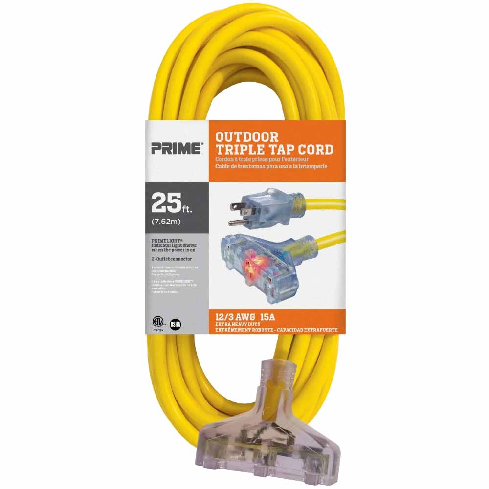 25 ft. Outdoor Heavy Duty Extension Cord 12/3 Gauge SJTW Yellow - Bees Lighting