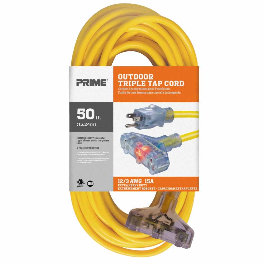 50 ft. Outdoor Heavy Duty Extension Cord 12/3 Gauge SJTW Yellow - Bees Lighting