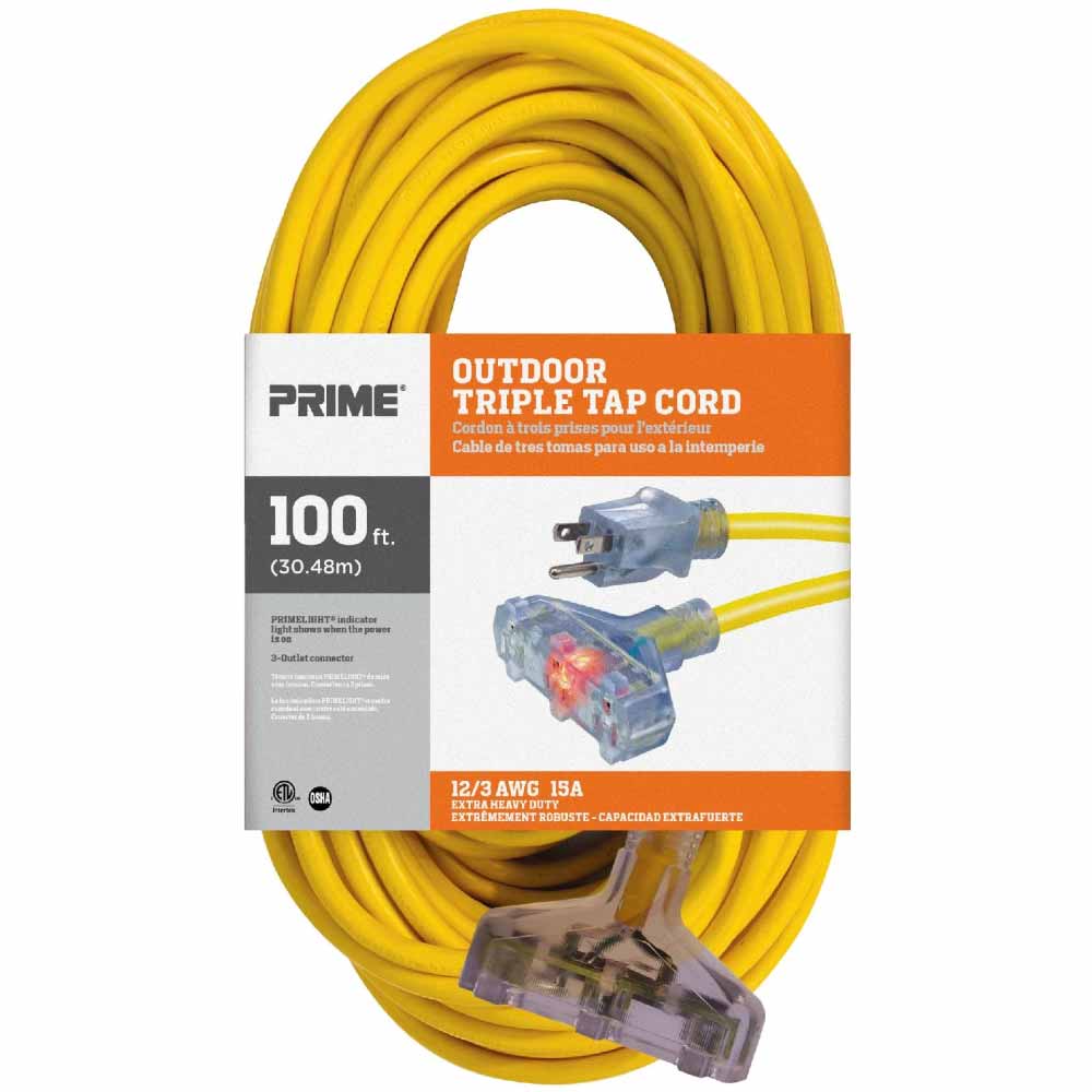 100 ft. Outdoor Heavy Duty Extension Cord 12/3 Gauge SJTW Yellow - Bees Lighting